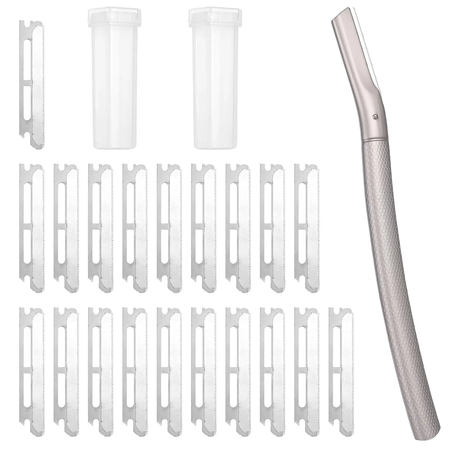 Women's Stainless Steel Eyebrow Dermaplane Razor Set - Professional Compact Handle, Gentle Non-Irritating Multi-Use Blade Facial Shaver with 20 Refills for Peach Fuzz Removal, Skin Exfoliation, Cosmetic Use, Eyebrow Razors
