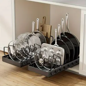Cookware and Frying Pan Storage Rack with Sliding Lid Box, Suitable for Under Cabinet Use, Adjustable Divider Plate Lid Holder Designed for Kitchen Cabinets and Baking Utensils