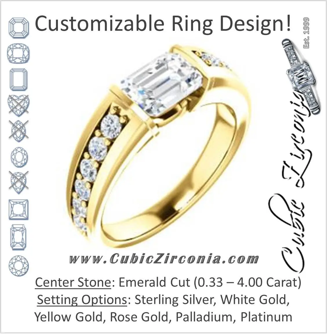 Cubic Zirconia Engagement Ring- The Rosemary (Customizable Emerald Cut Tension Bar Set with Wide Channel/Prong Band)