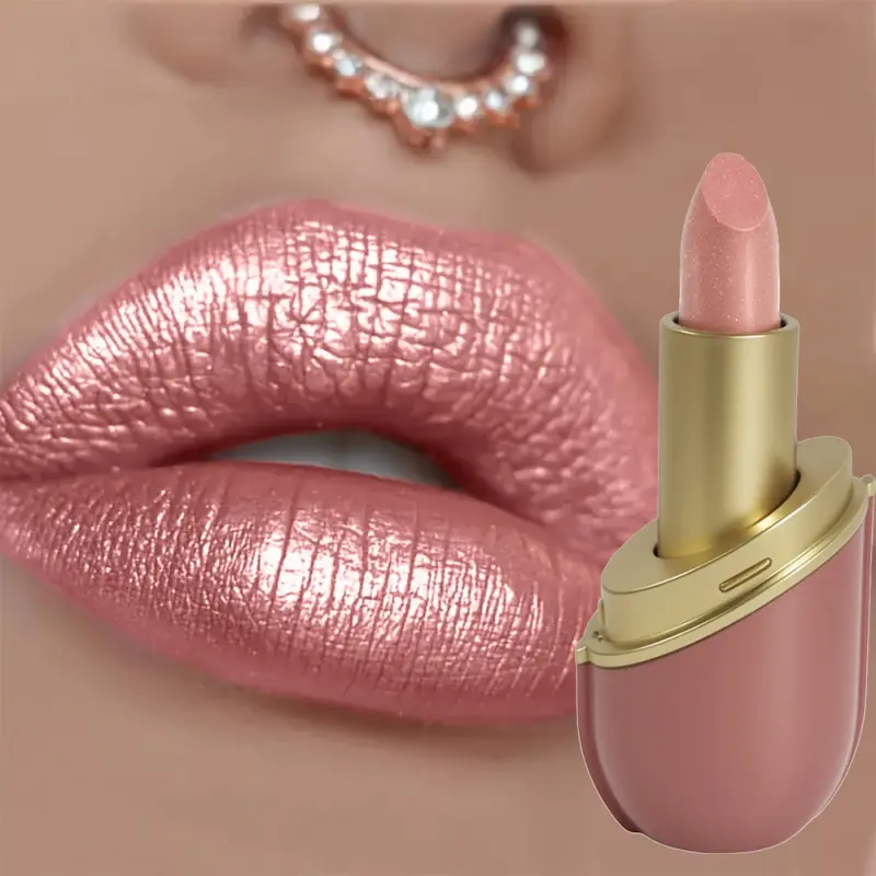 Long-Lasting Shimmer Capsule Lipstick, Coral Tone, Glossy Moisturizing Lightweight Formula, High-Shine Pearlescent Finish Lip Glaze for All Light Beige Types, Moisturizing Lipstick, Allskintype Makeup, Sleek Metallic Cap, Creamy Texture