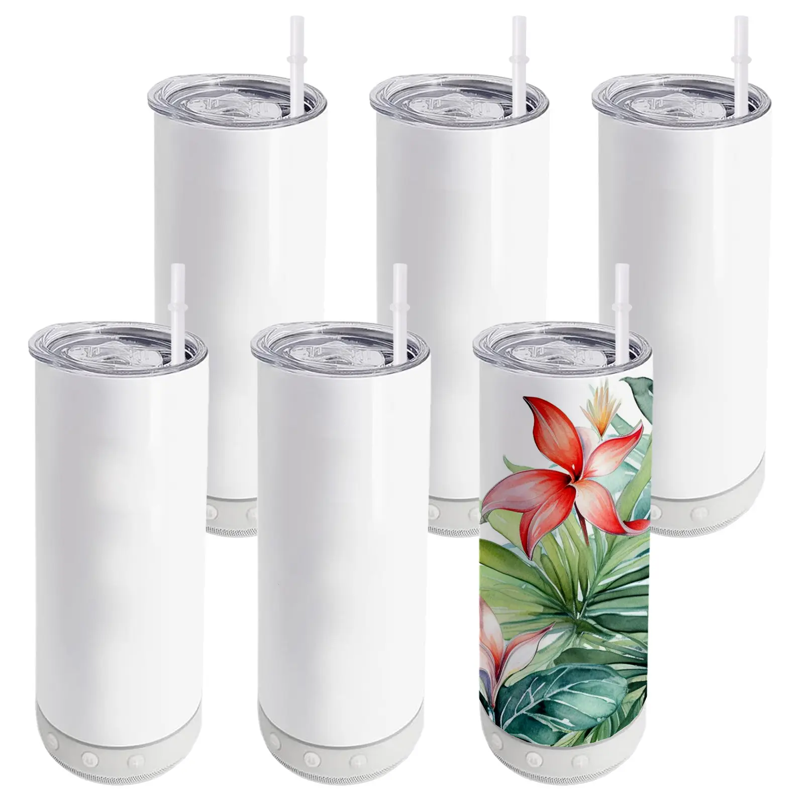 Lilsofee 6 Pack 20 OZ Sublimation Blank Tumblers Bulk Stainless Steels Double Vacuum Bluetooth Speaker Music Insulated Tumbler with Lid and Straw Metal Cup White