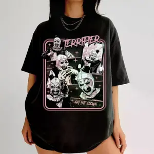 Terrifier Art The Clown Shirt, Horror Movie T-Shirt, Scary Clown Tee, Horror Fan Gift Unisex, Scary Horror Clown Unisex Cotton T-shirt for For Women Womenswear Top Baggy Black Streetwear Tshirt Casual Crewneck
