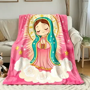 Cute Anime Virgin Mary Flannel Blanket | Kawaii Our Lady of Guadalupe Room Decor | Pastel Pink & Gold Soft Fleece Throw, Perfect Spanish Aesthetic Gift
