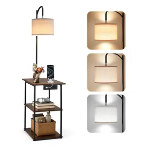 VEVOR Floor Lamp with Table, Narrow 3-Tier End Table with Open Shelves & 3 Color Temperature Lighting, Side Nightstand Bedside Desk with USB & Type C & AC Charging Port for Living Room, Bedroom, Dorm