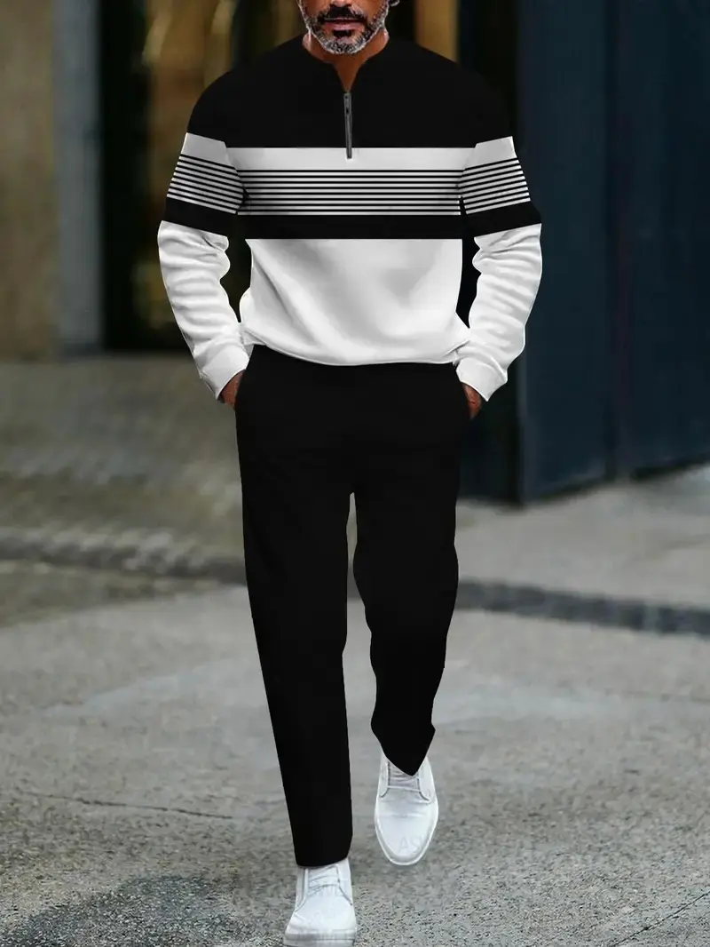 Men's Fashion Casual Zipper Stand Collar Long Sleeve Hoodie & Pants Set in Light Blue with White Stripes and Navy Blue Bottoms Men's Fashion Casual Zipper Stand Collar Long Sleeve Hoodie & Pants Set in Light Blue with White Stripes and Navy Blue Bottoms