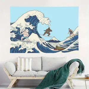 The Big Lez Show The Great Wave Off Kanagawa Surfing Wall Flag Tapestry, 3*5 FT Funny Cartoon Aesthetic Wall Decor for Bedroom, Dorm & Living Room, Wall Tapestries