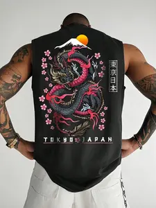 Men's Cultural Japanese Street Style Sleeveless Muscle Vest, Tokyo Dragon Tattoo & Fuji Mountain Cherry Blossom Print, Summer Gym Beach Casual Wear, Menswear