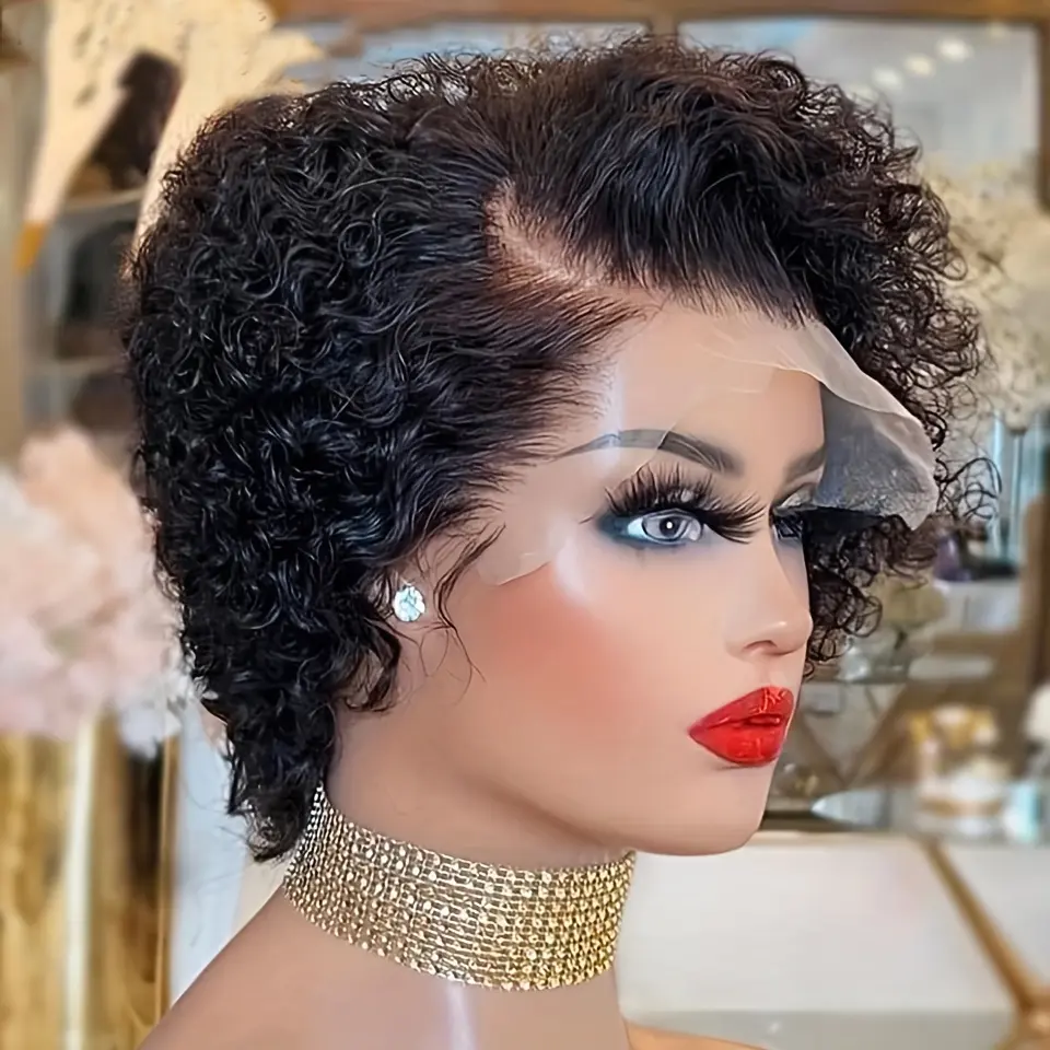 Women's Hot New Arrived 13x1 Transparent Lace Front Short Bob Pixie Cut Curly Textured Human Hair Wig, Preplucked Hairline, Deep Wave, 150% Density, Curly Textured Wigs
