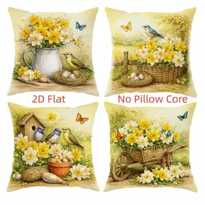 4pcs, Floral Themed Throw Pillow Covers, Spring Summer Floral Vintage Bird Pattern, Yellow Green Decoration, Suitable Living Room, Bedroom, Sofa and Bed Decoration, 2D Flat, Single Sided Printing, No Pillow Core