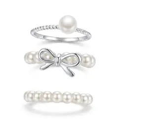 3pcs Adjustable Bow & Pearl Ring Set – Elegant Stackable Jewelry for Travel & Gift for Her