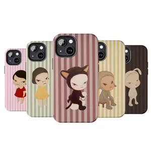 Vintage Striped YOSHITOMO NARA Art Phone Case, Preppy and Cute Aesthetic Japan Cover for iPhone 17 16 15 14 13 12 11 8