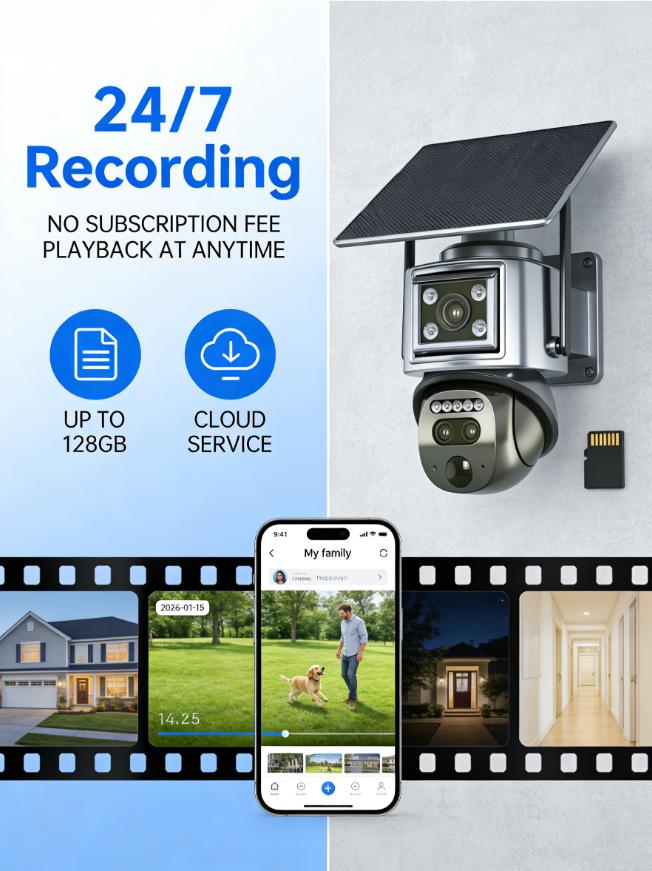 NiSee Triple-Lens Linkage Solar-Powered 4G Security Camera,10x Zoom,2K HD 360° View Pan,AI Motion Detection,Two-Way Audio,Color Night Vision,Waterproof,Outdoor Security Cctv Lens