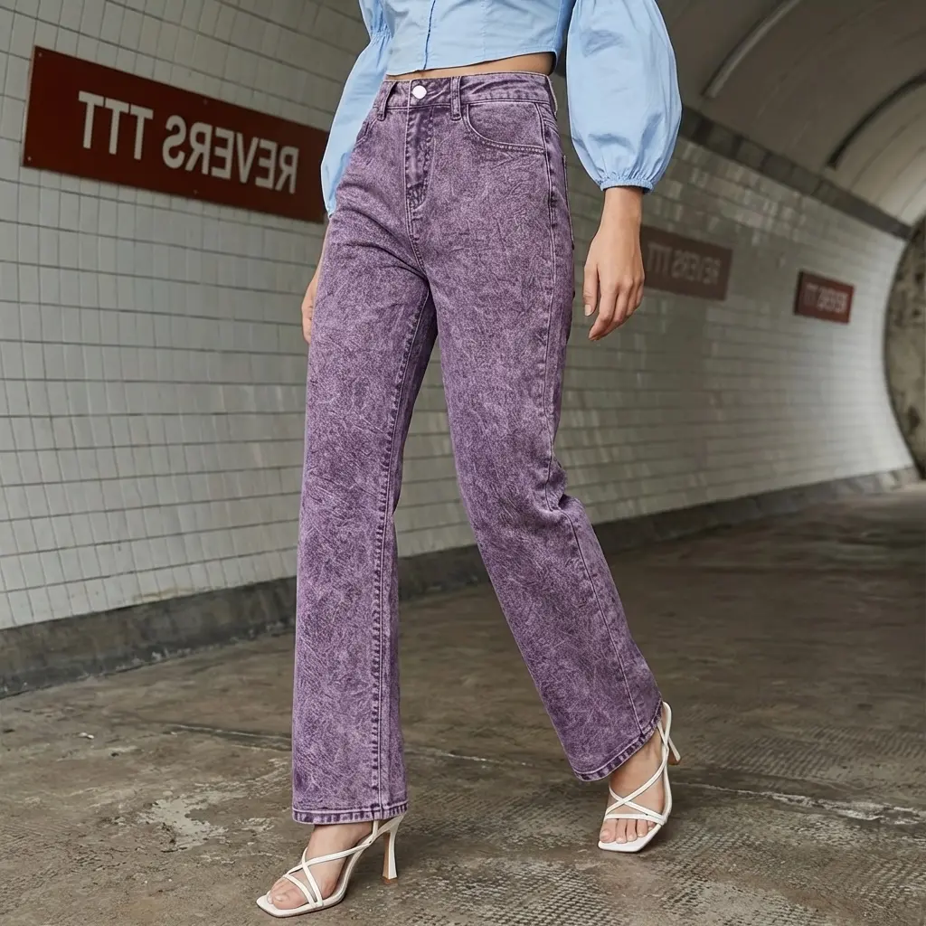 Plus Size Washed Purple Jeans, Women's Bohemian Straight Leg Cropped Cotton Stretch Denim with a Relaxed Fit, Bottom, Fabric, Trouser, Elastane, All Seasons, Straight-Leg Trousers, Washed Look, Oversized, High Waist