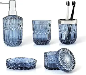Blue Bathroom Accessories Set, 5Pcs Clear Glass Bathroom Accessories, Bathroom Hand Soap Dispenser Set, Soap Dish, Toothbrush Holder Set, Vanity Bathroom Decor, Gift Set