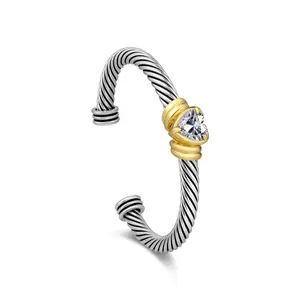 Aprilery Twisted Texture Open Cuff Bracelet, Heart-Shaped Inlaid Decoration, Unique Two-Tone Splicing Appearance, Open Design for Easy Wearing, Fits Different Wrist Sizes, Ideal for Gifting & Personal Styling