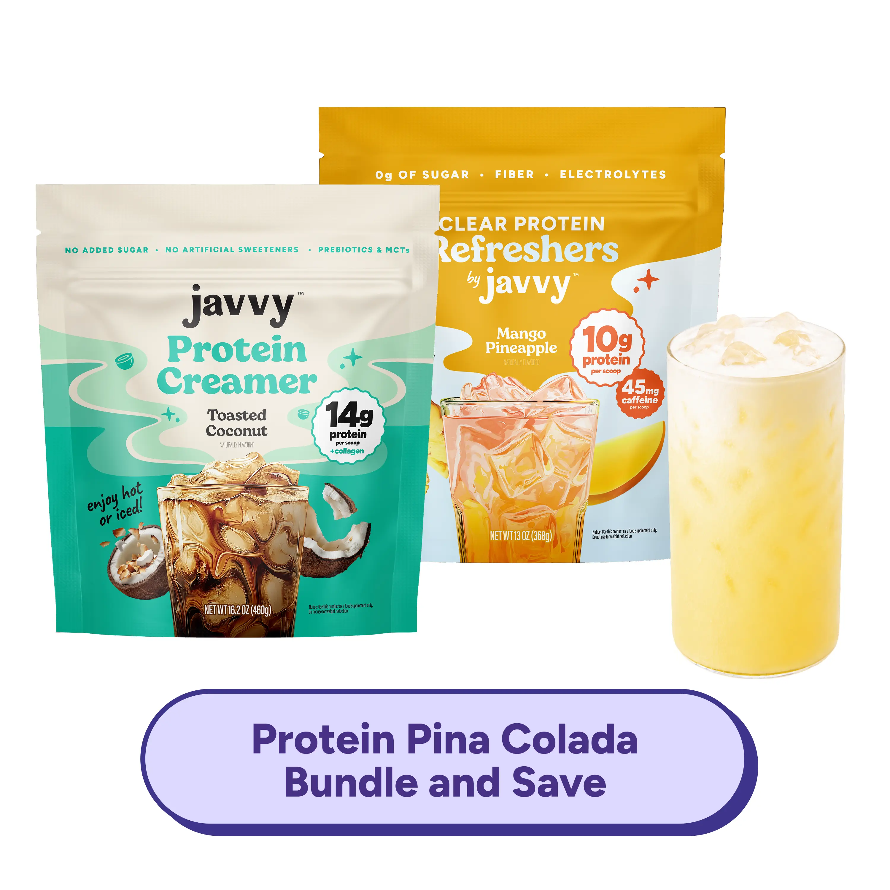 Javvy Protein Piña Colada TikTok Exclusive Bundle - Mango Pineapple Clear Protein Refresher + Toasted Coconut Collagen Protein Creamer - 10g + 14g Protein Collagen, with Caffeine, No added Sugar, Fiber, Electrolytes & MCTs, Naturally Flavored