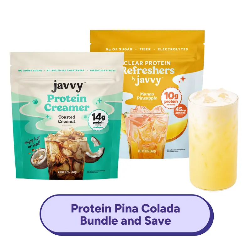 Javvy Protein Piña Colada TikTok Exclusive Bundle - Mango Pineapple Clear Protein Refresher + Toasted Coconut Collagen Protein Creamer - 10g + 14g Protein Collagen, with Caffeine, No added Sugar, Fiber, Electrolytes & MCTs, Naturally Flavored