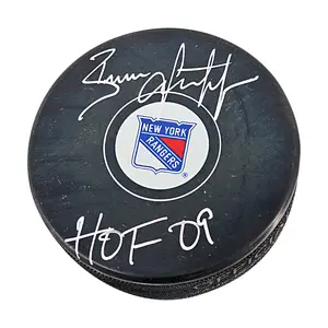 Brian Leetch New York Rangers Autographed Signed Inscribed HOF 09 Replica Rangers Puck (CX Auth)