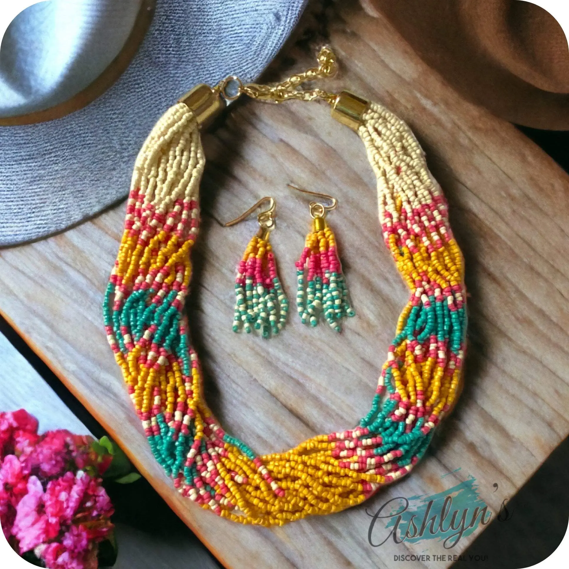 Ashlyn’s Classy Multi Strand Thick Twist Mustard Teal Necklace Set