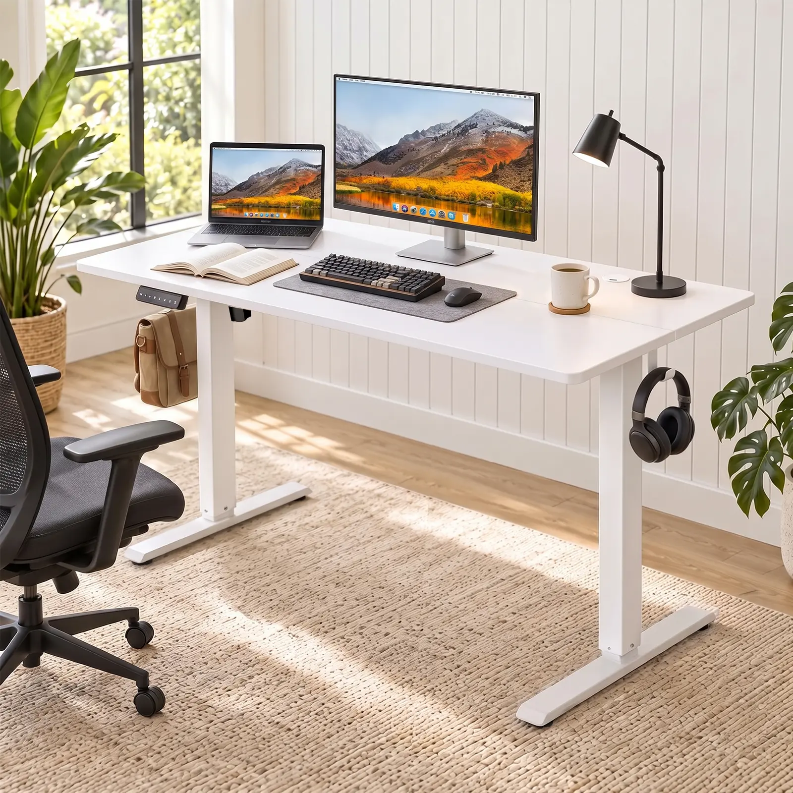 Electric Height Adjustable Standing Desk,  Adjustable Stand up Desk Modern Computer Desk, Ergonomic Workstation with White Top & White Frame