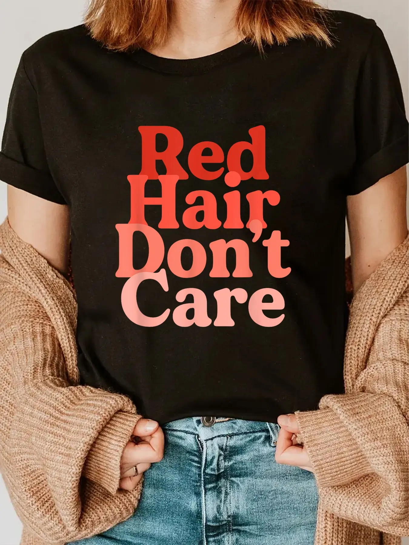 100% Cotton Red Hair Don't Care Funny Redhead Retro Ginger Women T-Shirt