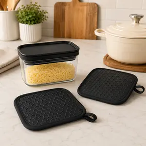 3-in-1 Removable Glass Cheese Grater Storage Container + One Pair Honeycomb Non-Slip Silicone Pot Holders, Multi-Functional Kitchen Accessory Set for Cheese Ginger Garlic Shredding & Countertop Heat Insulation Protection