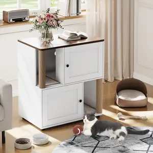 Cat Litter Box Enclosure for 2 Cats – Double Hidden Litter Box End Side Table Furniture Cabinet with 2 Scratch Mats & Scratch Post – Modern Farmhouse Wooden Enclosed Cat Washroom