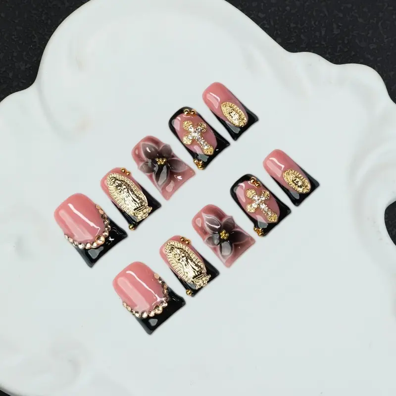10 pieces/set handmade Y2K Baddie style, nude and black, French, carved pattern, rhinestone, cross and saint pendant design, suitable for women and girls, parties, weddings, daily wear, perfect gift with tool kit, Fake Nails, Press On Nails