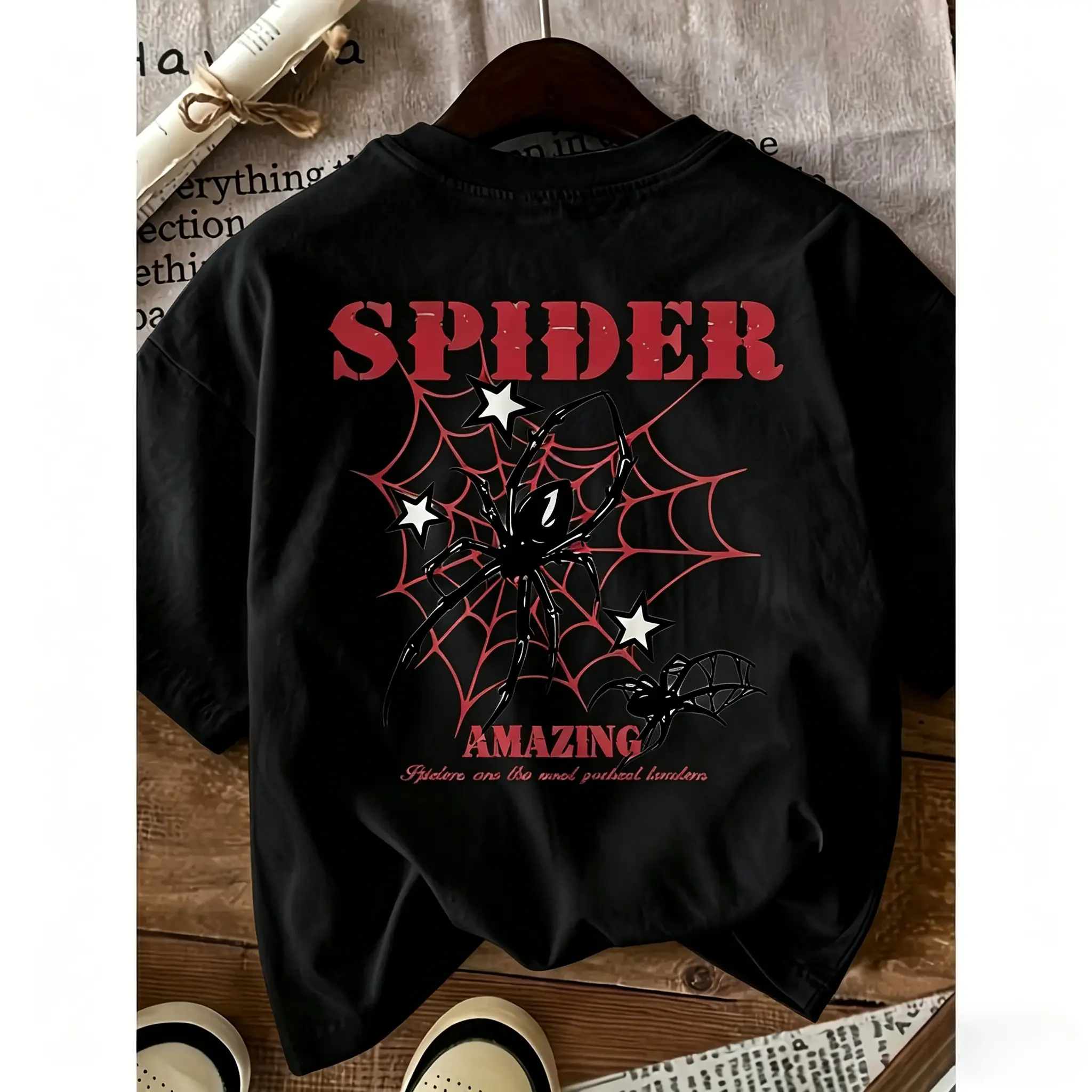 Edgy Streetwear Gift Tee 100% Cotton Bold Spider Web Spider Star Back Graphic Vintage Letter Print Unisex Round Neck Casual Short Sleeve Top