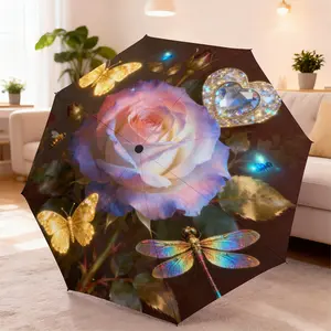 Dreamy Rose Butterfly Umbrella, Retro Automatic Folding Sun and Rain Umbrella for Women, Durable 8-Rib Travel Accessory
