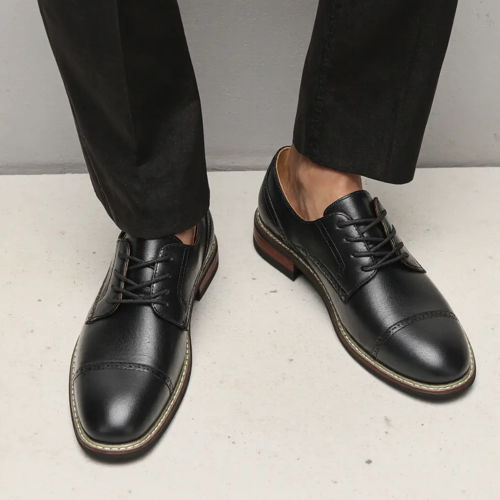 Men's Black Leather Brogue Cap Toe Oxford Shoes, Formal Lace-Up Dress Shoes with Eyelet Details, Classic Business & Wedding Office Footwear