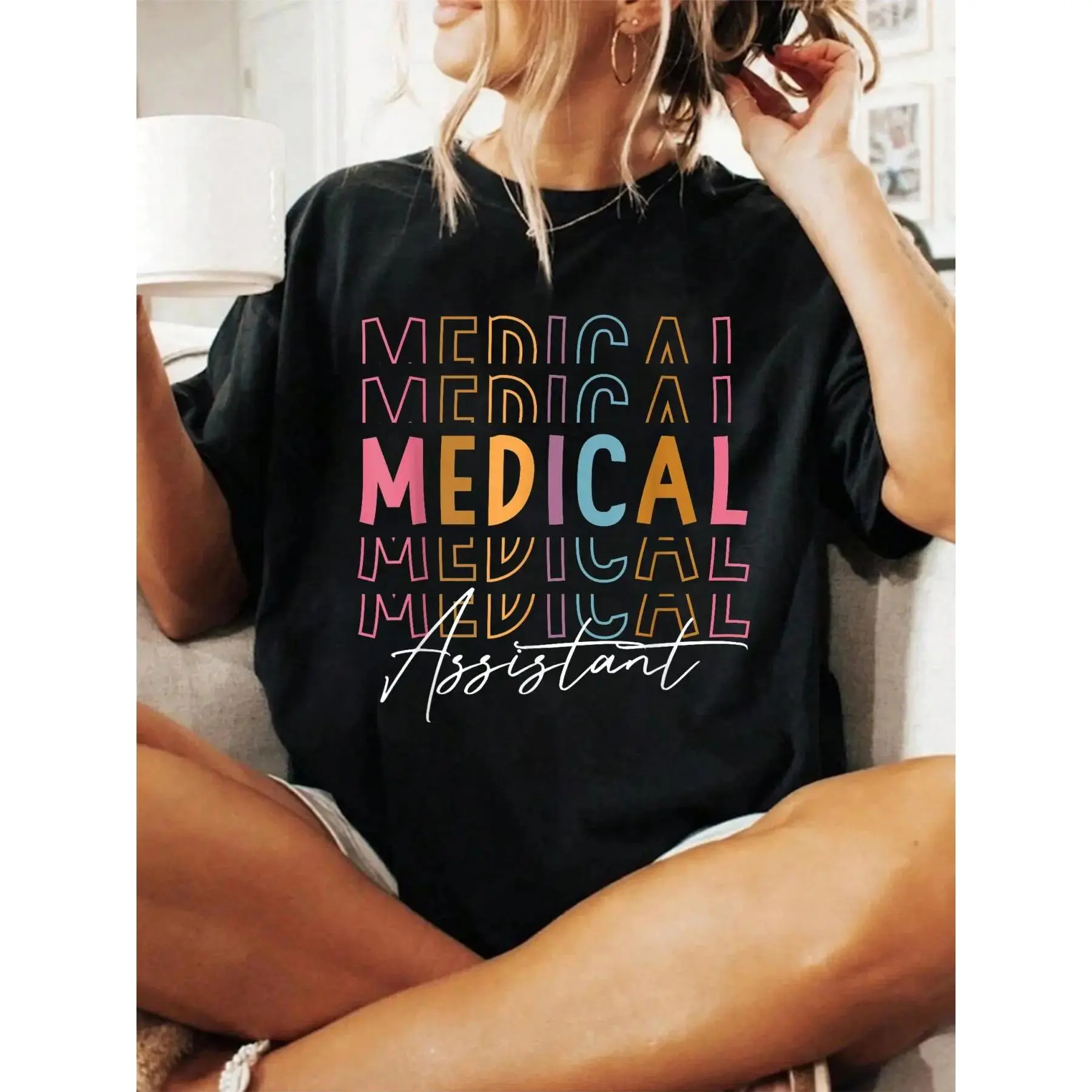 Women's Graphic Tshirt, Medical Assistant Design Casual Cotton Tee with a Breathable Round Neck, Short Sleeve Workday-to-Party Style Top