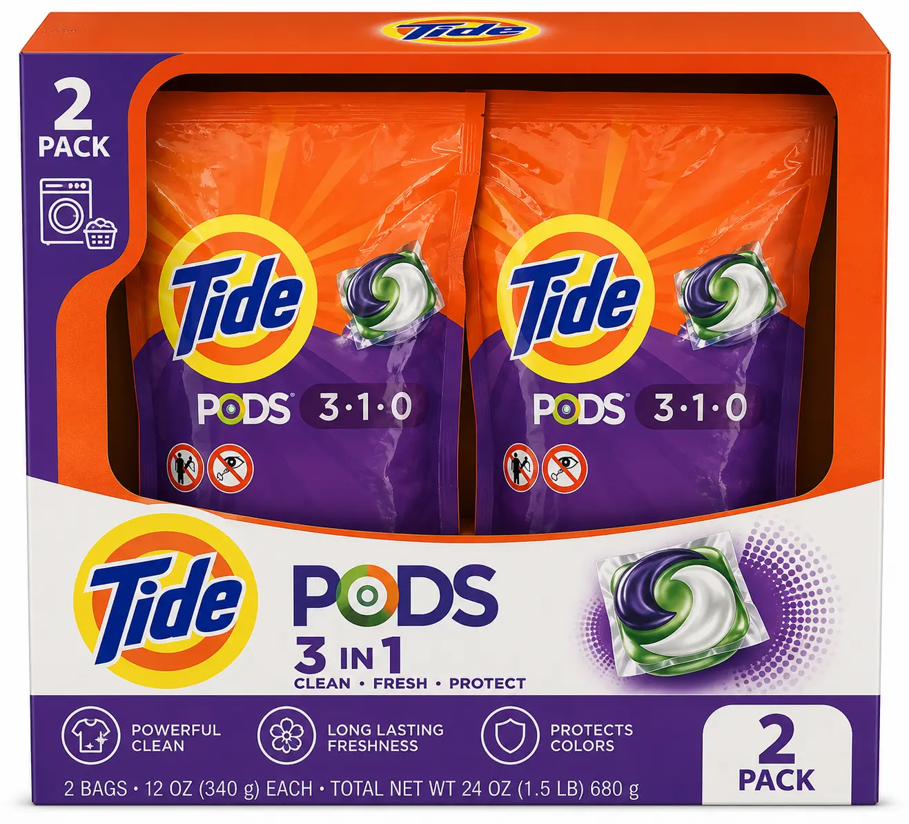 Tide PODS 3-in-1 Laundry Detergent Pacs, 2 Pack (12 oz / 340 g Each), Powerful Cleaning, Long-Lasting Freshness & Color Protection