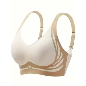 Women'S Wire-Free Bra with Removable Pads - High Support, Comfortable Lift. Available in Beige/White/Black with Color Block Stripe Pattern. Suitable for Everyday Casual Wear, Comfortable Bra, High Support Bra, Fashionable Bra