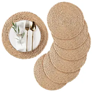 Round Woven Placemats, Natural Water Hyacinth Placemat, 12 inch Rattan Placemat Wicker Placemat Farmhouse Boho Braided Heat Resistant Outdoor Placemat Patio Table Place Mats