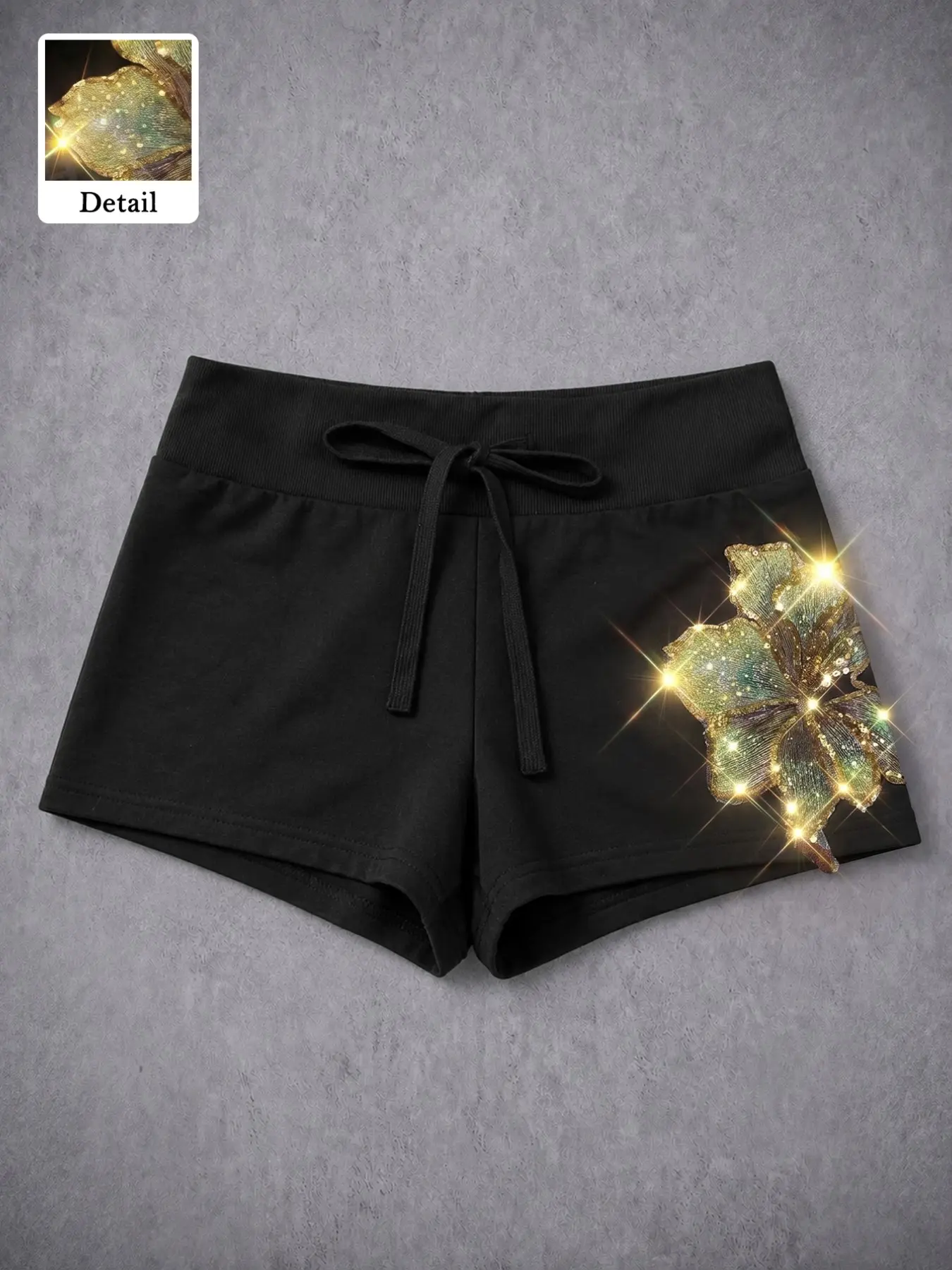 Gold Floral Shorts Bottom, Drawstring Adjustable High Waist Slim Fit, Women's Fashion Item, Elegant Sparkle Design, Summer Daily Casual Wear, Casual Boho Shorts, Bohemian Casual Shorts, Drawstrings Shorts, Womenswear