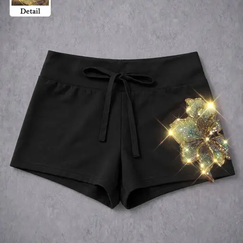 and Gold Floral Shorts with Drawstring High Waist Slim Fit for Women, Fashionable Casual Summer Bottoms with Sparkling Rhinestone Detailing, Elegant Daily Wear, Glitter Shorts