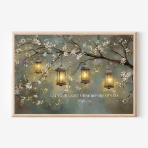 Let Your Light Shine, Matthew 5:16 Scripture Art, Christian Wall Art, Lantern Blossoms Unframed