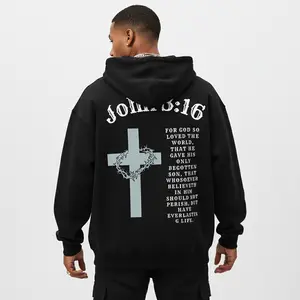 Men's John 3:16 with cross print Graphic Hoodie - Cotton Blend Black Long Sleeve Pullover Regular Fit | Soft & Breathable Fabric, Durable Print, Everyday Comfort, Machine Washable, casual and religious indoor product display