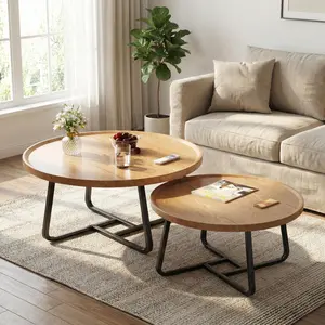 OUTGOODS Mid Century Modern Round Nesting Coffee Table Set – 2-Piece Fluted Wood Center Tables – Sturdy Metal Frame, Easy Assembly – Ideal for Living Room, Bedroom, Sofa, Office, Balcony, Yard