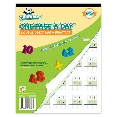 Channie's 1 Page A Day Double Digit Math Workbook - 25 Per Page, Visual Addition, Subtraction Practice, Travel-Friendly Elementary School Learning Tool, 4pt Easy Grading, Easy To Teach English Resource for Grades 1-3 (Homeschool Use)