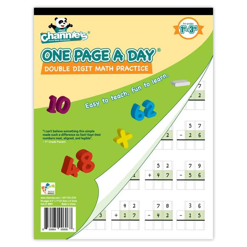 Channie's 1 Page A Day Double Digit Math Workbook - 25 Per Page, Visual Addition, Subtraction Practice, Travel-Friendly Elementary School Learning Tool, 4pt Easy Grading, Easy To Teach English Resource for Grades 1-3 (Homeschool Use)