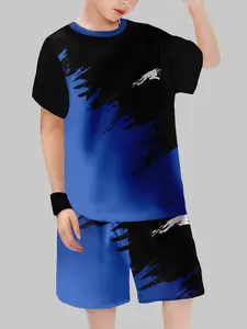 Boys' Graffiti Blue Leopard Print Set, Casual Fitted Short Sleeve Two-Piece, Sporty Style, Trendy Sports Wear for Kids