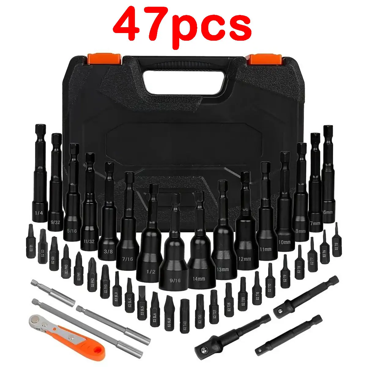 47pcs Magnetic nut screwdriver and screwdriver bit set, SAE (1/4 inch to 9/16 inch) and metric (6-14 mm), 1/4 inch hex shank strong magnetic nut screwdriver，tool kit set，Top tools for DIY projects，Includes small ratchet wrench，tools，adapt，drill