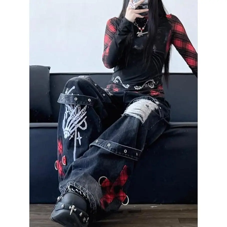 Xojbzoo Women's High-Waisted Ripped Grunge Jeans - Cold Wash Baggy