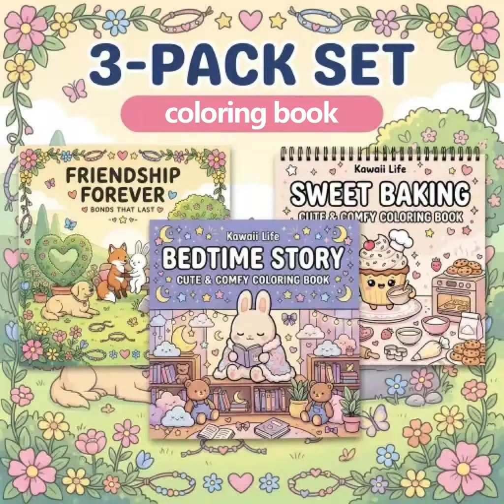 3pcs Adult Coloring Books - Comfy Coloring Book, Enchanted Themes of Friendship, Bedtime Stories, Kawaii life, Sweet Baking, Opaque Super-Sensitive Paper, Clear Lines, Vibrant Illustrations, Beginner-Friendly, Relaxing Art Activity, Fun Stunning Patterns
