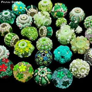 10pcs Forest-Style Fresh Green Rhinestone Resin Ball Set, 3D Flower & Bee Large-Hole Beads for DIY Bracelet Necklace, Spring Easter Handmade Decoration & Gift