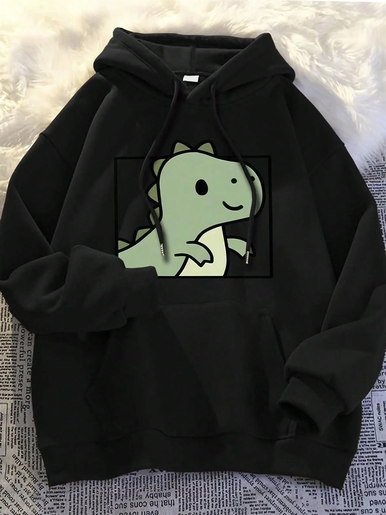 Cute Cartoon Green Dino Box Graphic Hoodie, 270G Brushed Fleece Oversized Black Hooded Sweatshirt, Simple Kawaii Baby Dinosaur Front Print, Minimal Aesthetic Casual Streetwear Pullover For Teens Men Women