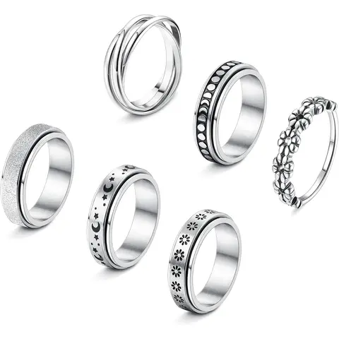 FLORIDECO Unisex Stainless Steel Spinner Rings, 4-6Pcs Dainty Stackable Rings & Stacking Bands with Star/Moon Artificial Gemstones, Calming Everyday Trendy Jewellery Accessories for Stress Relief