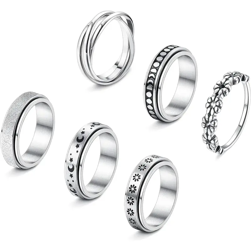 FLORIDECO Unisex Stainless Steel Spinner Rings, 4-6Pcs Dainty Stackable Rings & Stacking Bands with Star/Moon Artificial Gemstones, Calming Everyday Trendy Jewellery Accessories for Stress Relief